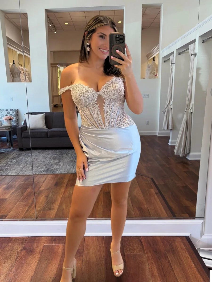 Silver - Off The Shoulder Bodycon Satin Pleated Homecoming Dresses With Appliques