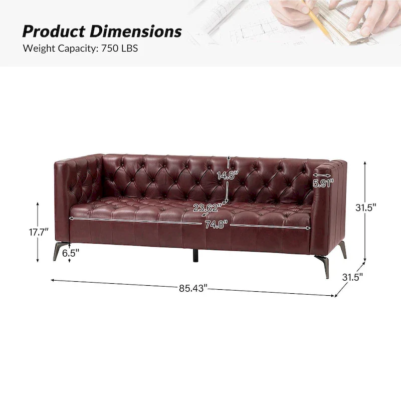 Transitional Genuine Leather Sofa with Metal Legs and Tufted Back