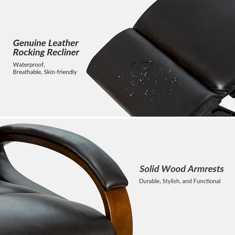 Leopold Modern Genuine Leather Swivel Rocking Manual Recliner Chair with Wooden Arm Accents by HULALA HOME