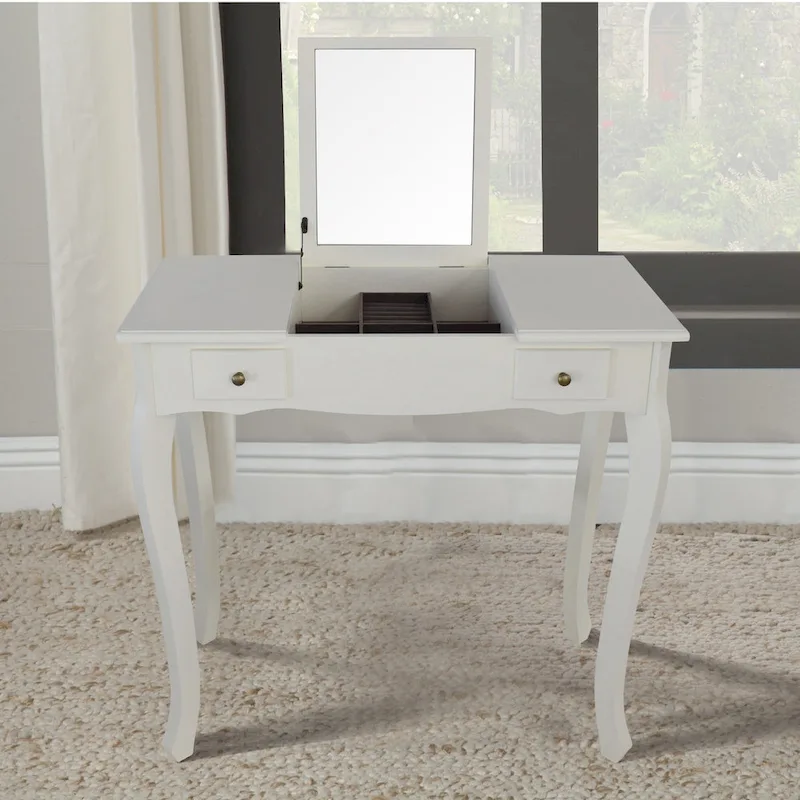 Natural / White / Brown Vanity Table with Concealed Mirror & Felt-Lined Jewelry Storage – Single