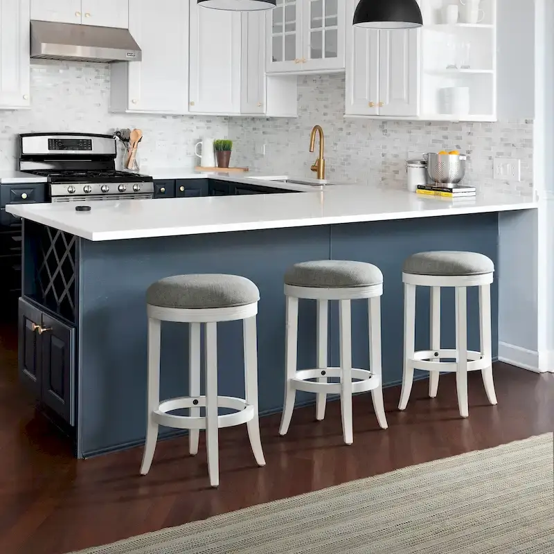 White/Grey Linen Backless 360° Swivel Bar Stool with Hardwood Frame for 1