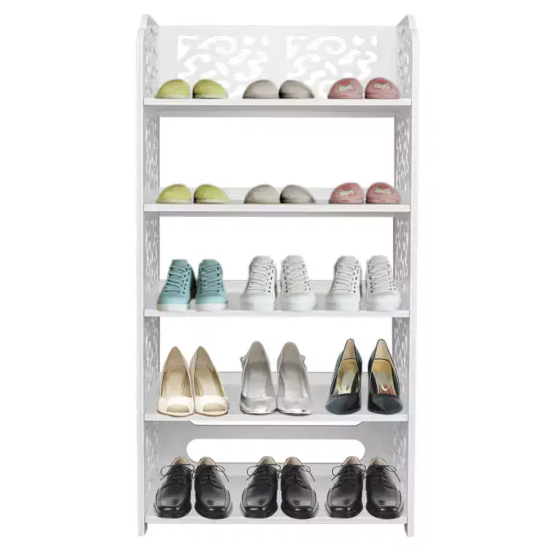 Wood-plastic Board Five Tiers Carved Shoe Rack White A