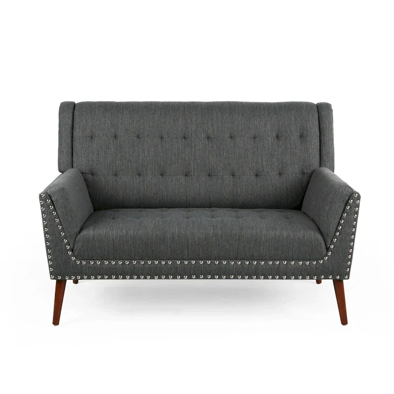 Mid-Century Modern Fabric Settee with Nailhead Trim | Upholstered Bench Sofa