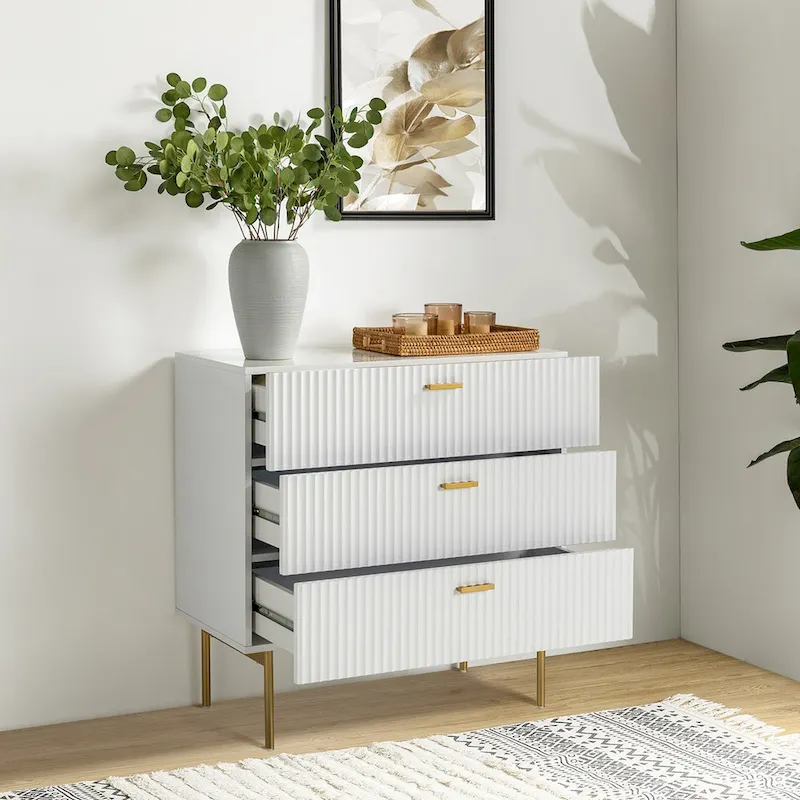 White/Navy/Black 3-Drawer Nightstand with Metal Legs, Single