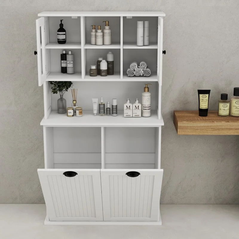 Two-Compartment Tilt-Out Dirty Laundry Basket Tall Bathroom Cabinet