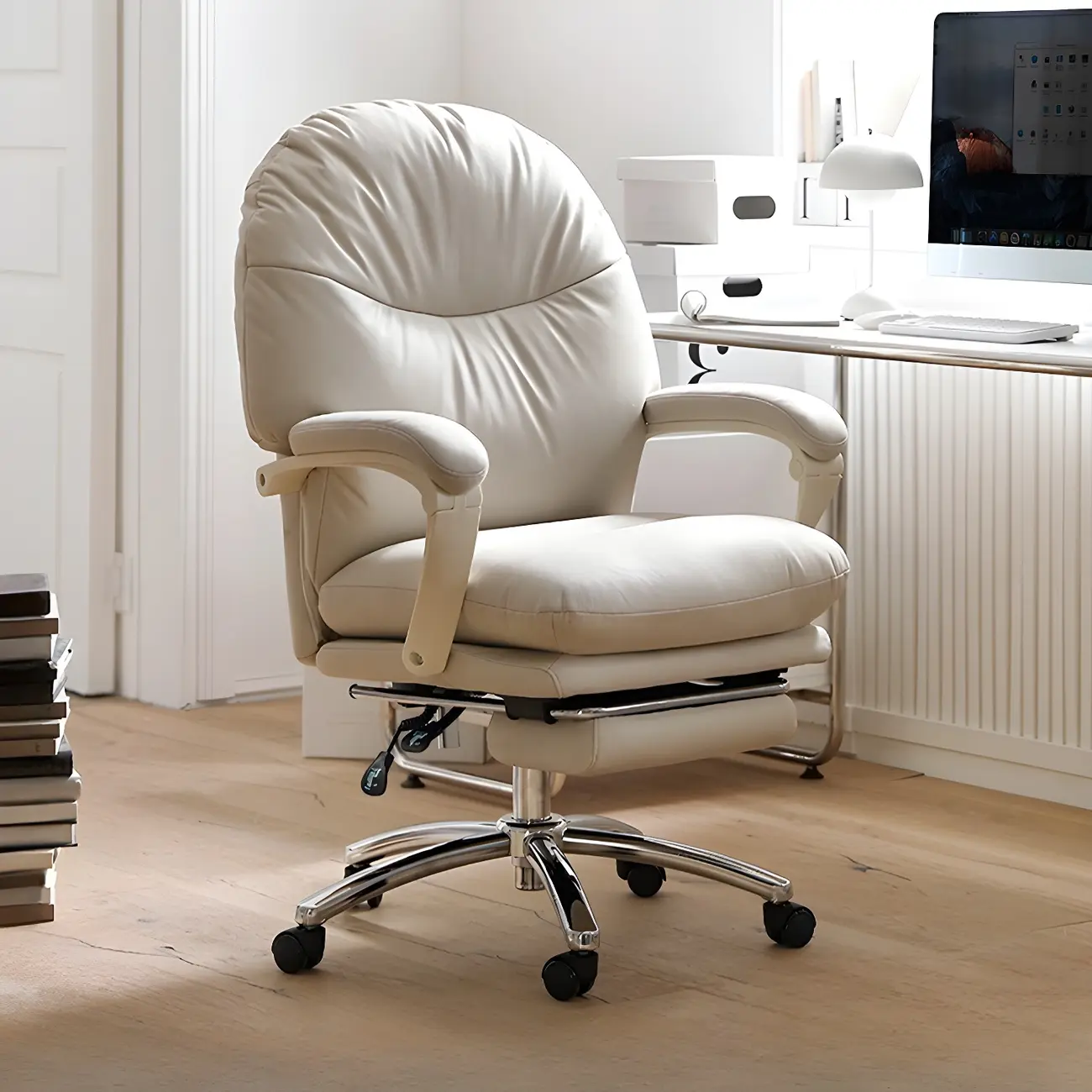 Elegant White Leather Casters Home Office Chair
