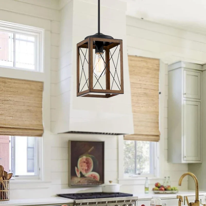 1-Light Cage Mini Pendant Light with Matte Black and Barnwood Accents