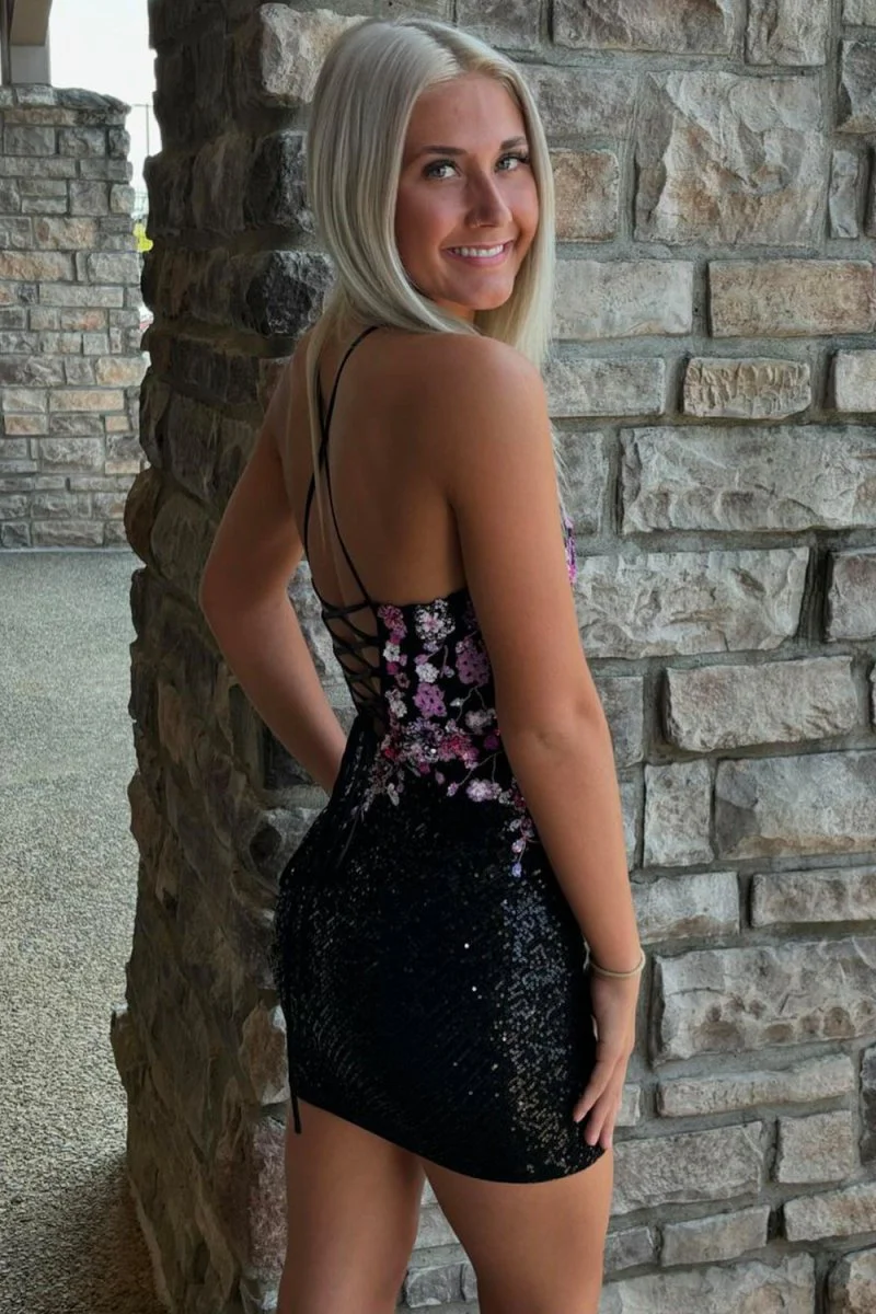 Black - Sweetheart Sequins Short Bodycon Homecoming Dresses With Appliques
