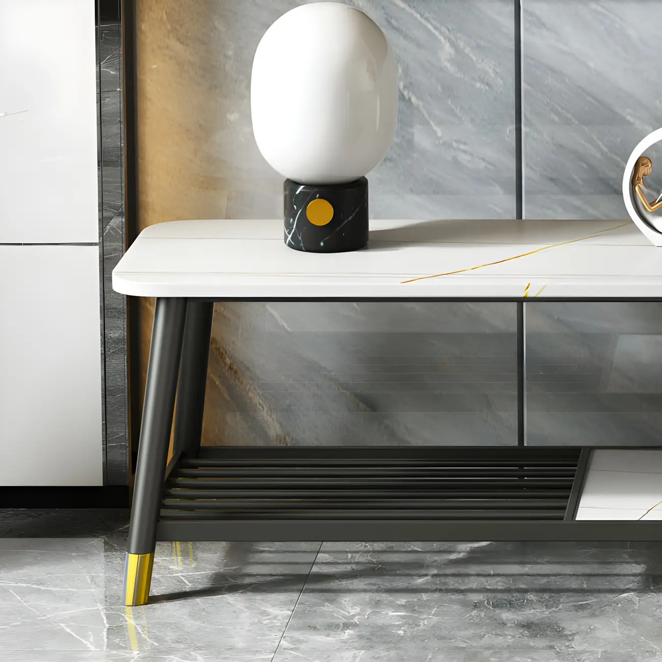 Modern White Stone TV Stand with Open Shelving