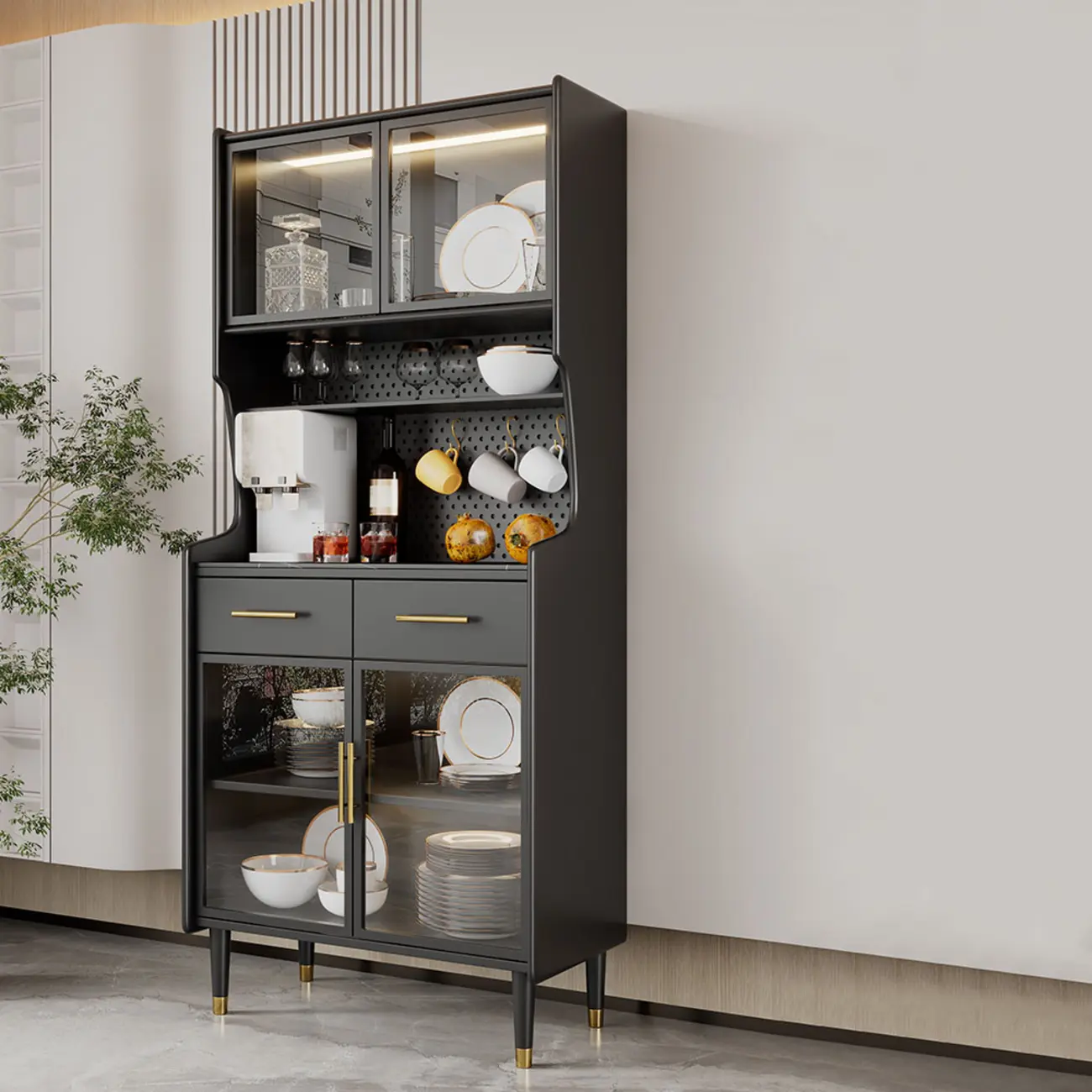 Kitchen Black Wood Dining Hutch Cabinet with Glass Doors