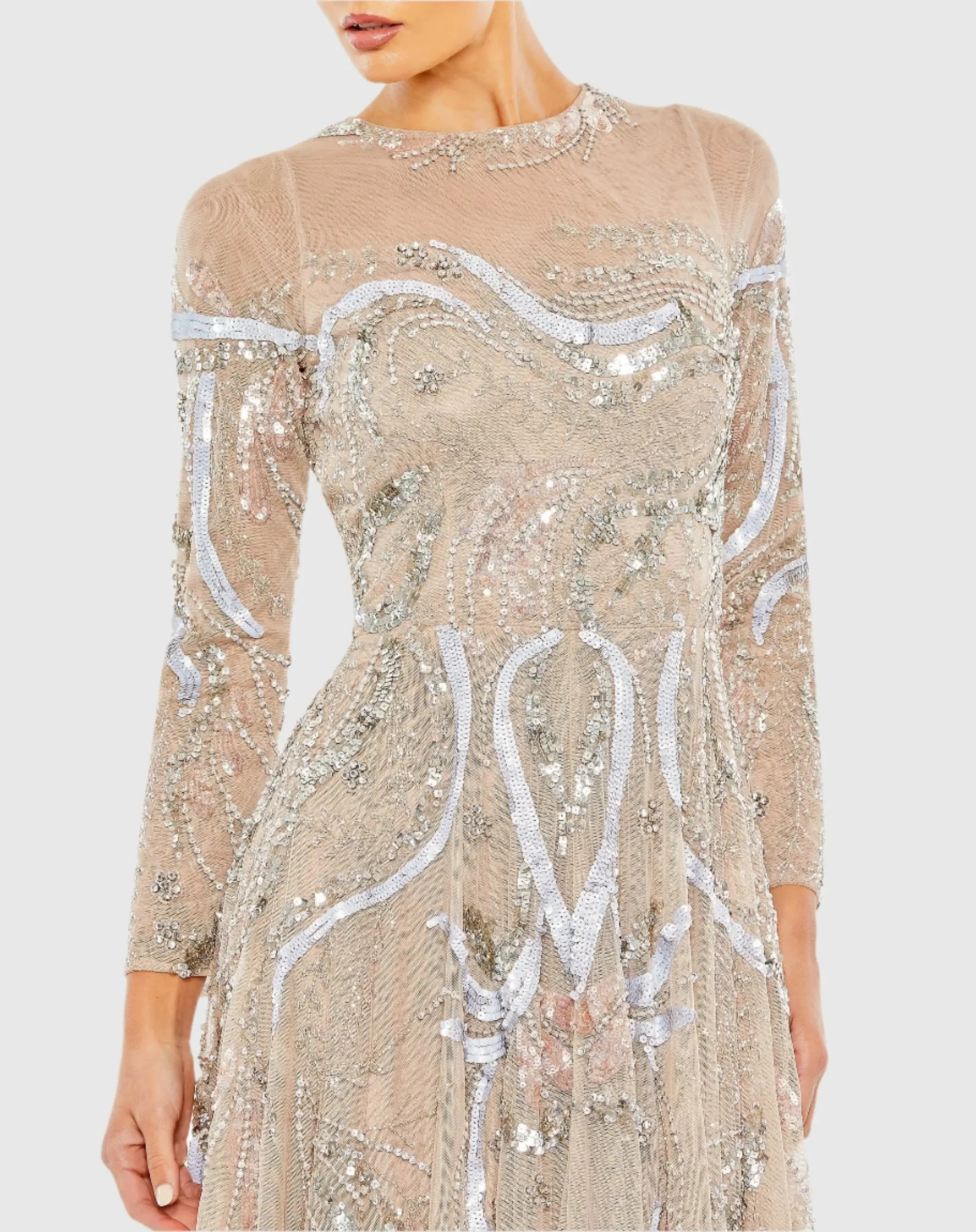 Beige Long Sleeve Embellished Illusion Evening Gown