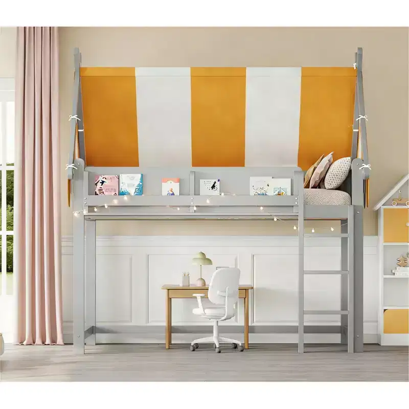 Bellemave Loft Bed with LED Light & Bookshelf, House-style Bed Frame with Yellow & White Stripe Tent.