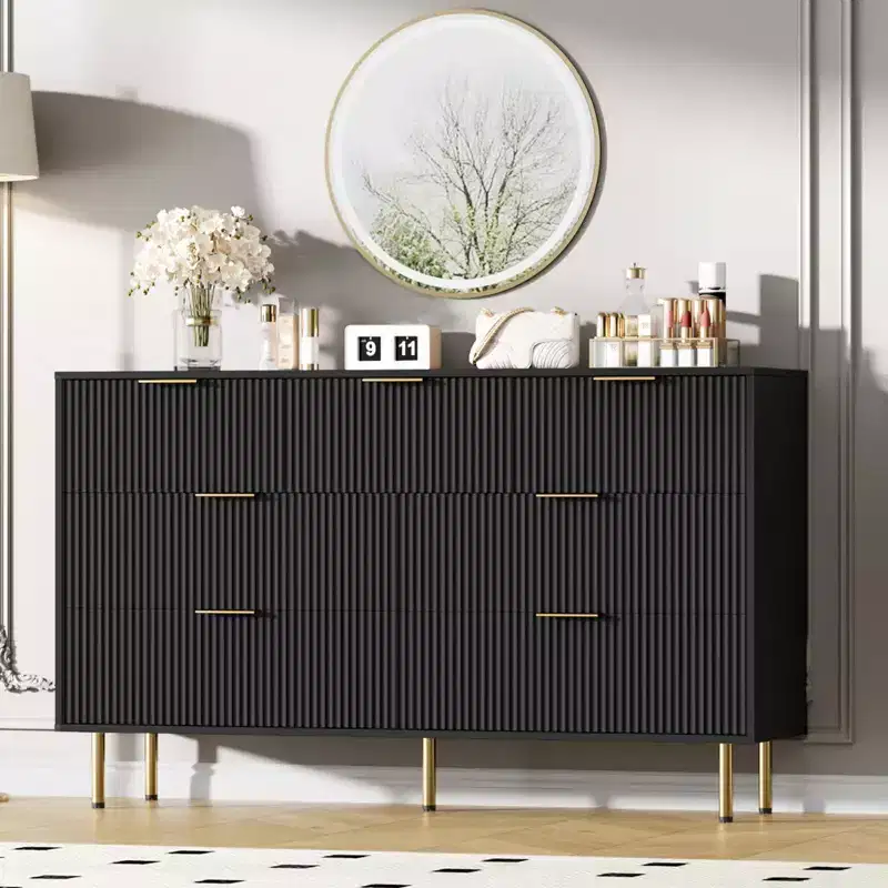 Modern 7-Drawer Fluted Dresser with Gold Handles, Wide Wooden Storage Chest for Bedroom, Living Room, Entryway