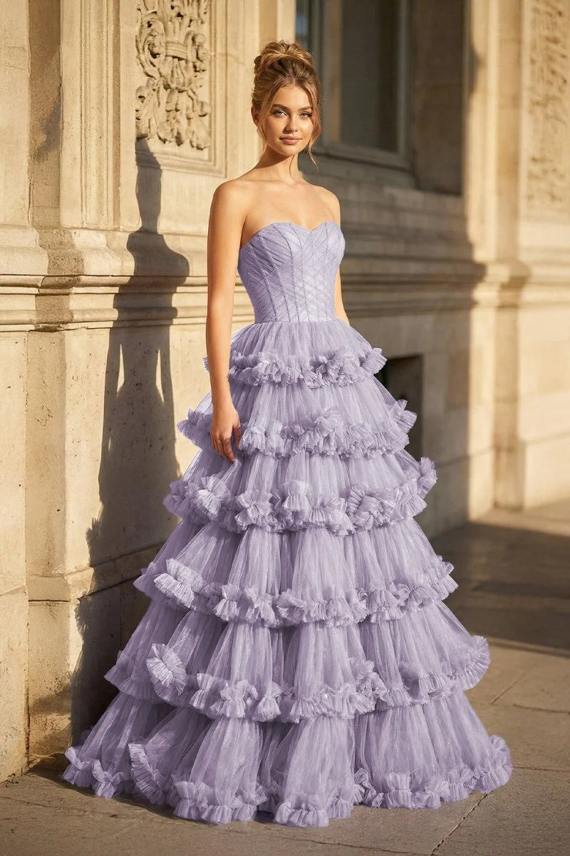 Navy Blue Strapless A Line Tulle Ruffled Long Prom Dresses With Slit