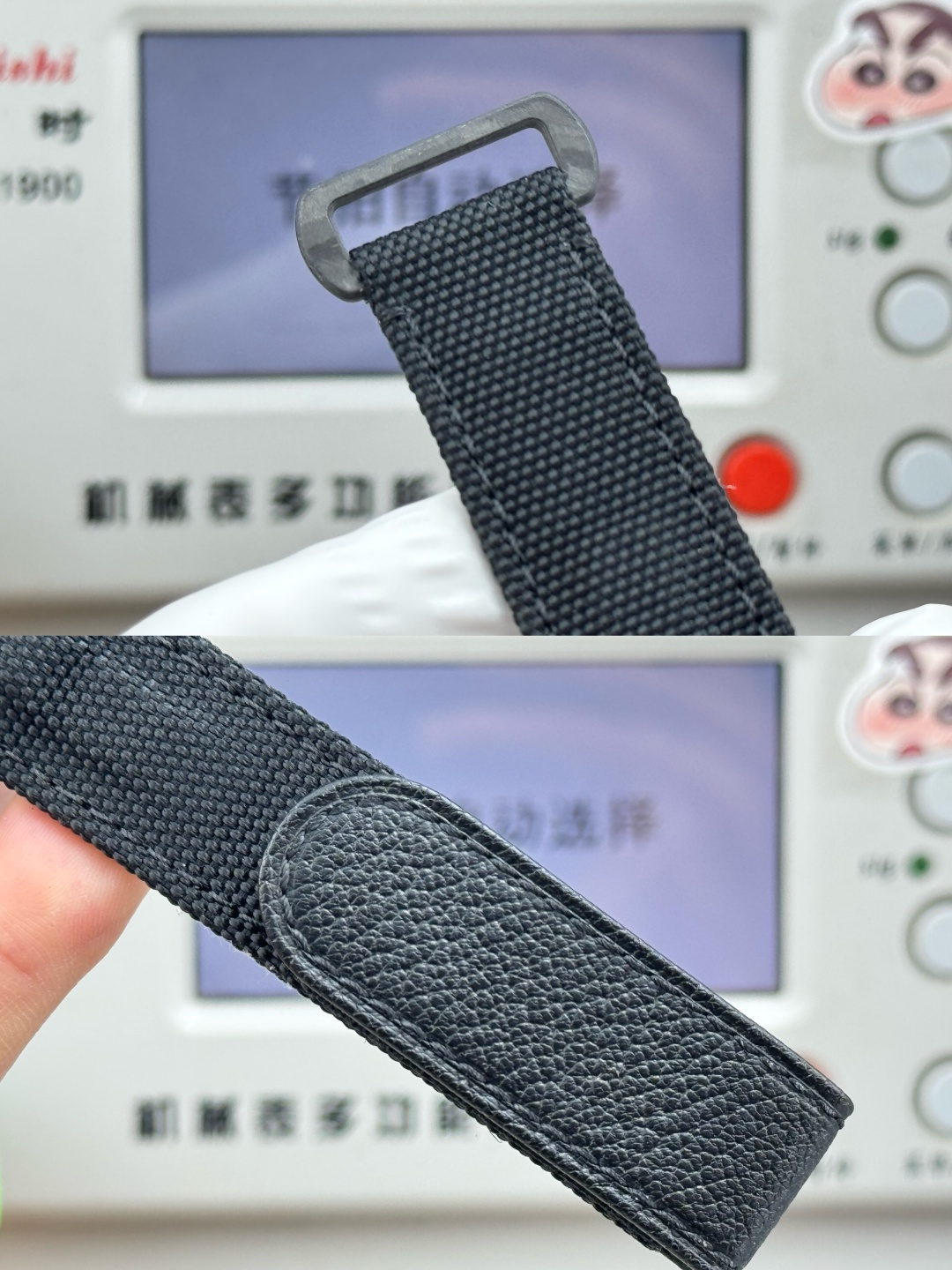 Black woven nylon strap with leather patch and DLC buckle detail for the replica Submariner.