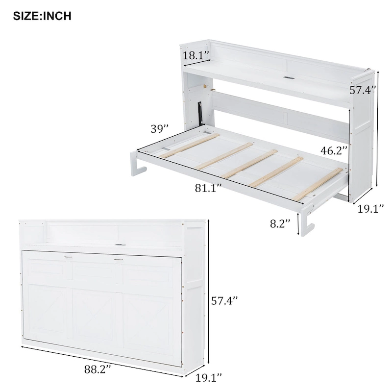 Twin XL Size Murphy Bed with Desk & LED Light, Solid Wood Bed Frame with USB Charging Station, for Small Spaces and Home Offices
