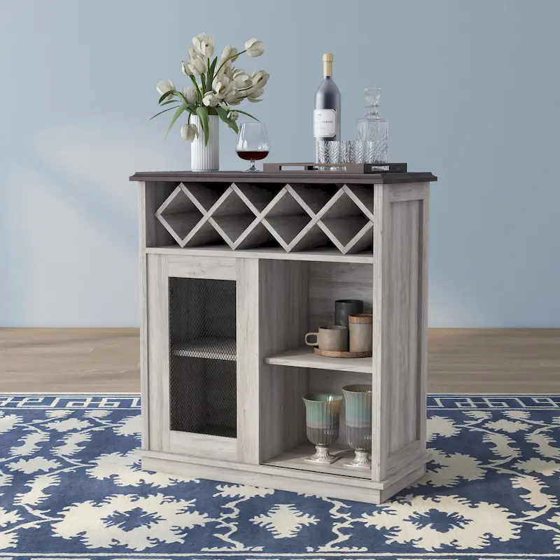 DH BASIC Farmhouse Four Shelf and Four Bottle Lattice-like Wine Buffet by