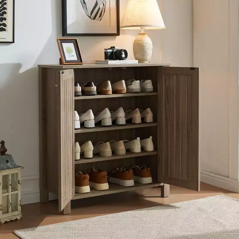 Okak Vintage Shoe Cabinet, Shoe Rask with 2 Doors and 4 Shelves, Storage Cabinet for Living Room, Dining Room, Kitchen, taupe