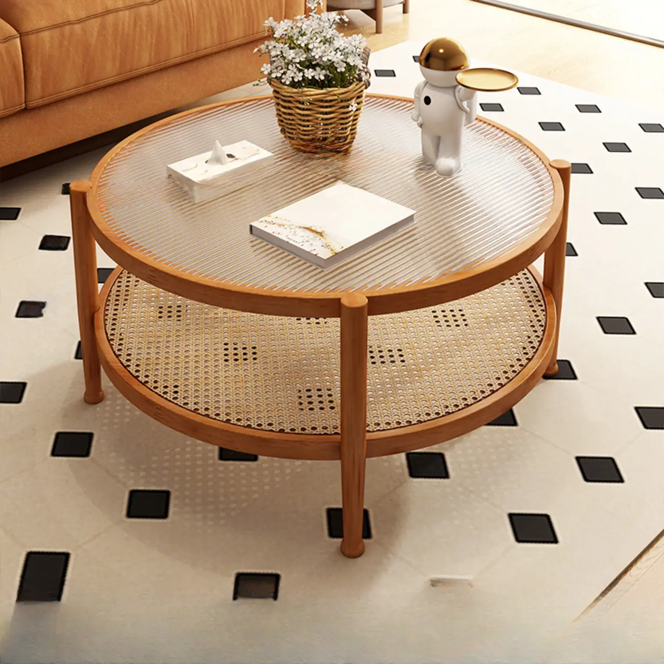 Modern White Rectangle Glass Coffee Table with Shelf