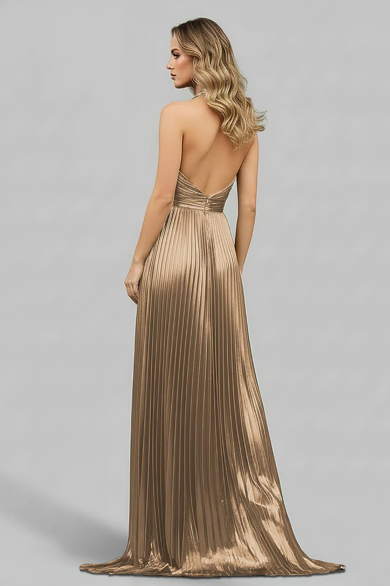 Peacock Blue Halter Neck A-Line Long Prom Dress With Split