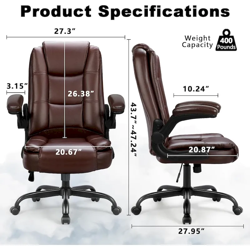 Big and Tall Ergonomic High Back Adjustable Height Leather Executive Chair with Padded Flip-up Arms
