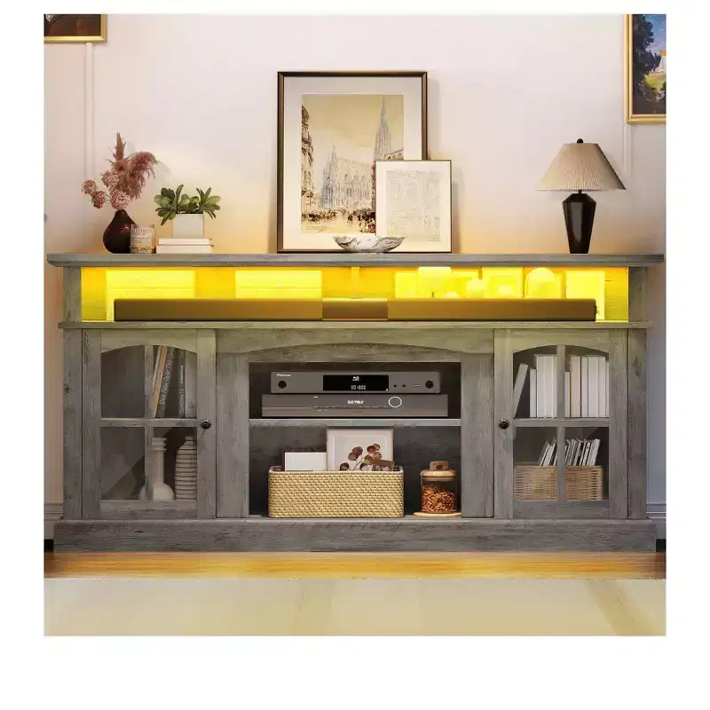 LED Farmhouse TV Stand for 75 Inch , Entertainment Center with Glass Doors & Power Outlets, Media Console Cabinet for Living Room,Grey