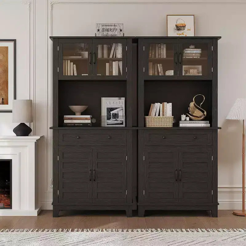 72 Inch Tall Kitchen Pantry Cabinet with Glass Doors and Drawer Adjustable Shelves for Dining Living Room Black