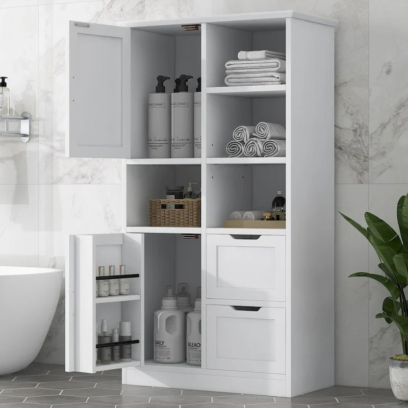 Bathroom Storage Cabinet with Doors and Drawers,Multiple Storage Space, Freestanding Style,Open Shelve,Adjustable Shelf,White