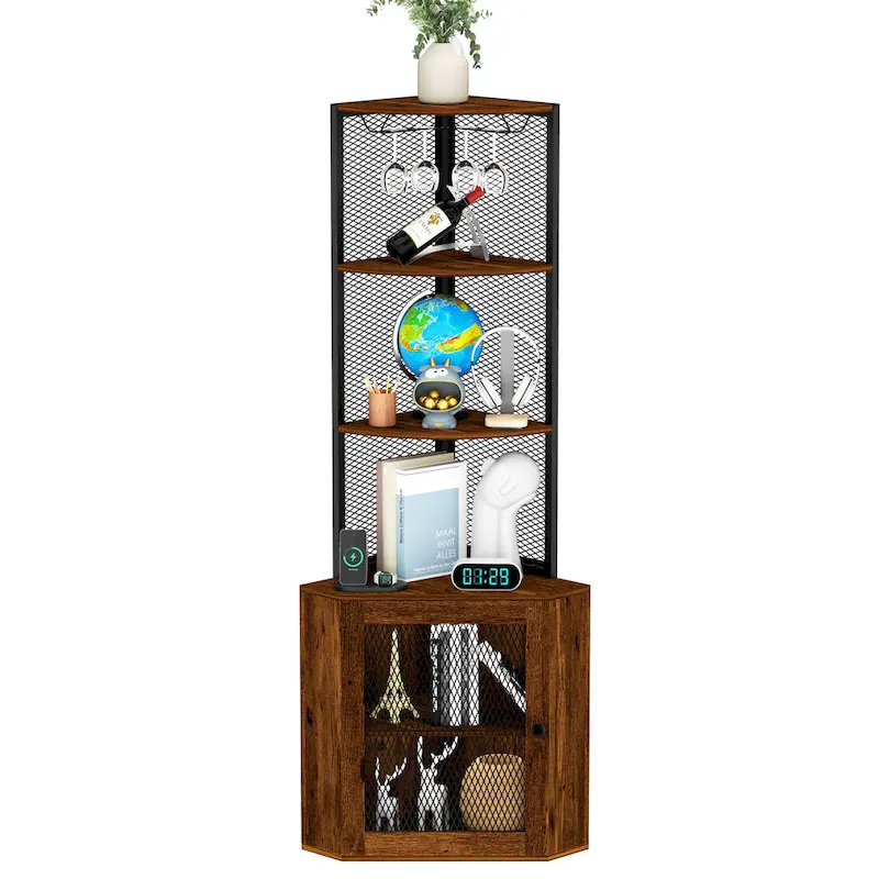 Corner Shelf with Doors, 65   Corner Cabinet with Shelves & Wine Glass Rack, 6 Tier Bookshelf Display Corner Shelves