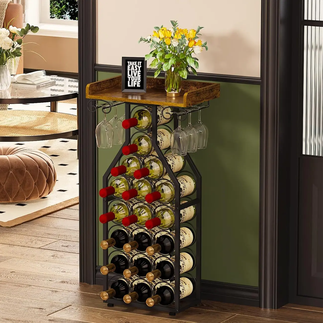 Floor-Standing Modern Display 19 Wine Bottle and 9 Glass Racks