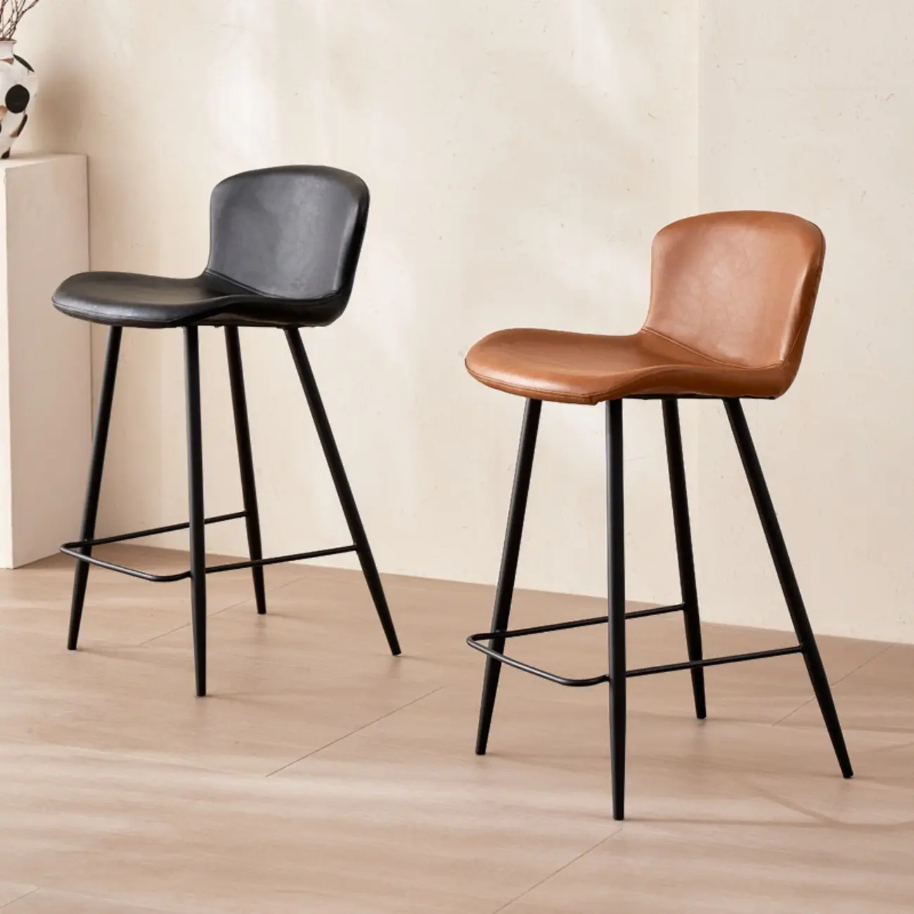 Mid-Century Modern Leather Bucket Bar Stools with Low Back