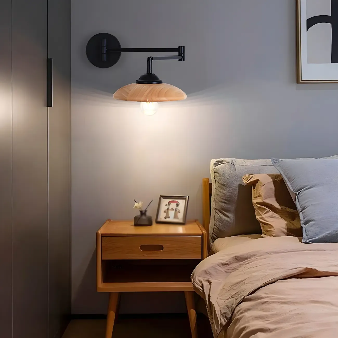 Black Metal Swing Arm Wall Light with Wood Shade