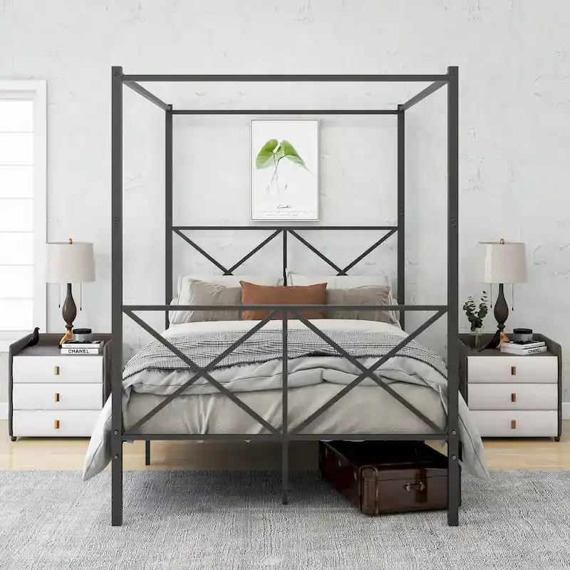 Black Full Size Metal Platform Bed Frame with X-Shape Headboard, For 1-2 People