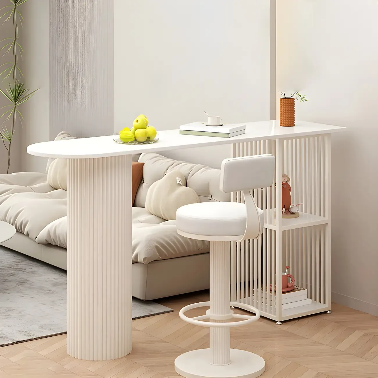 Scandinavian White Stone Top Striped Metal Storage Bar Tables