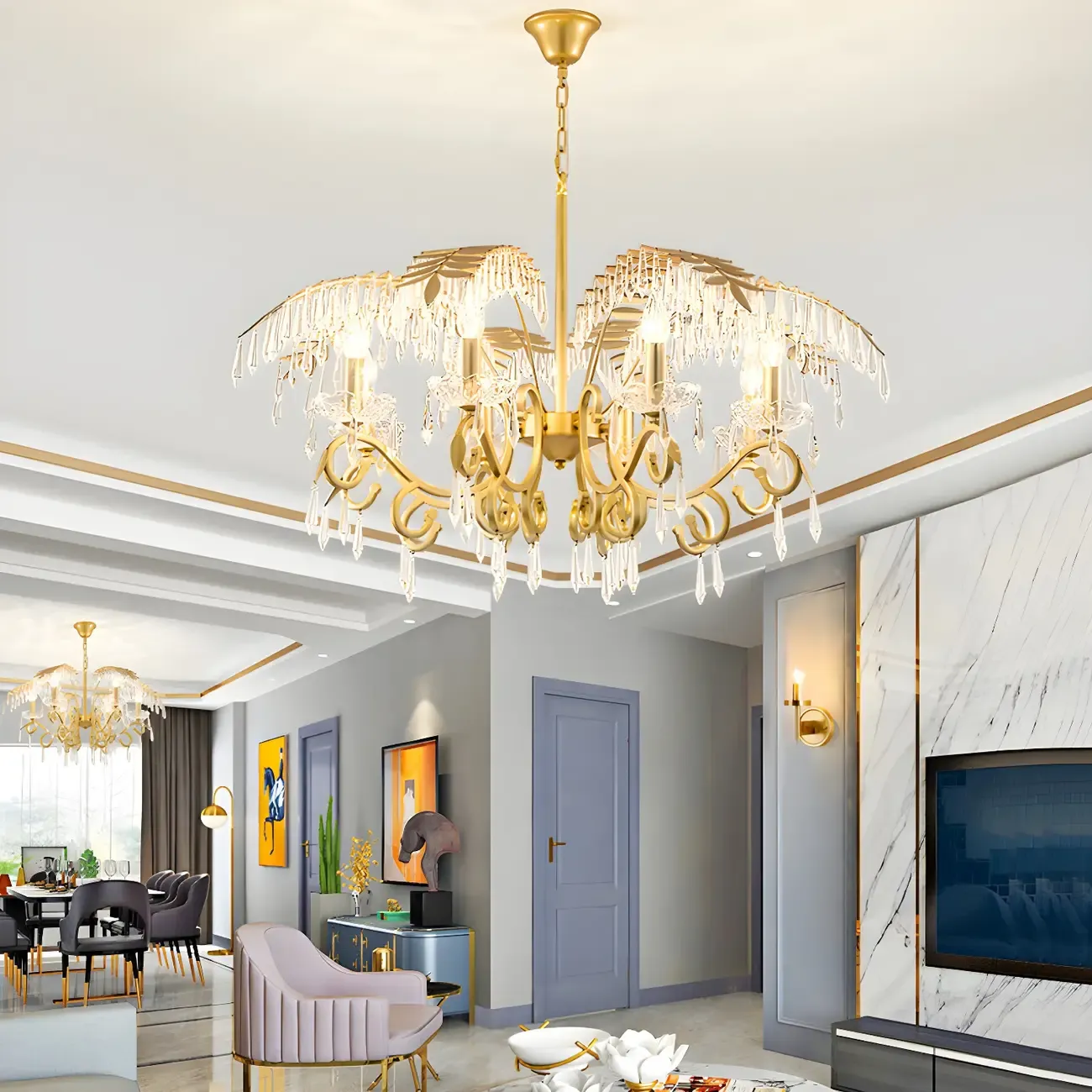 Luxurious Golden Leaf Curved Chandelier with Crystal