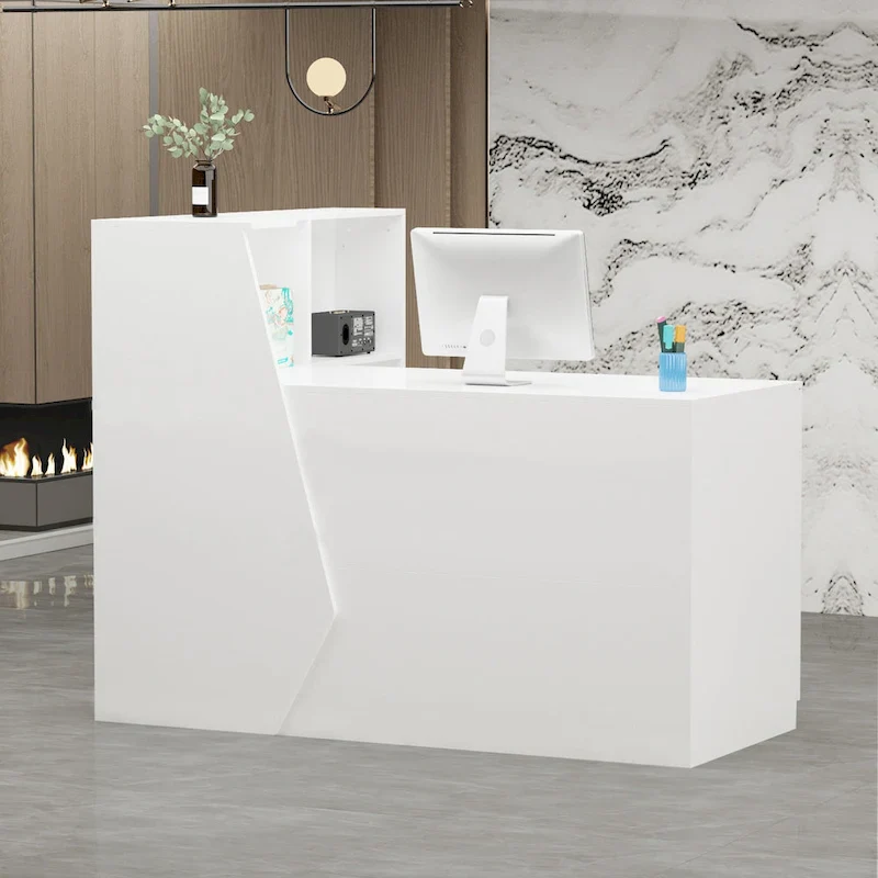 L-Shaped Reception Desk with 3-Tier Shelves and Lockable Drawer