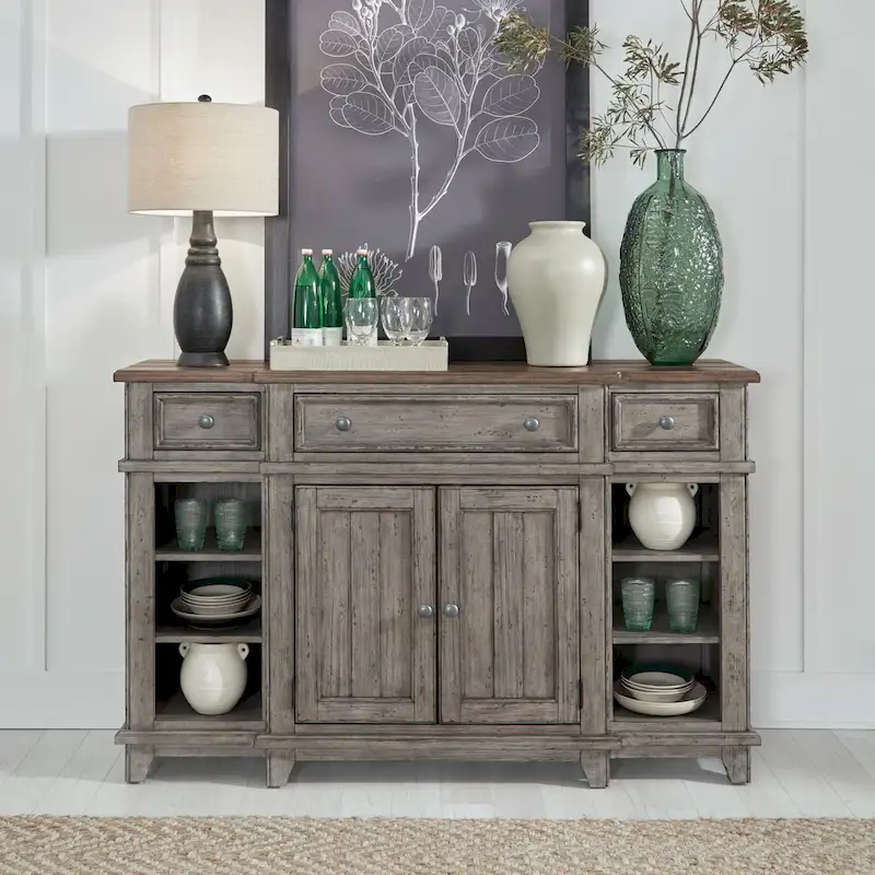 White & Grey Distressed Pine Breakfront Server – 1 Piece