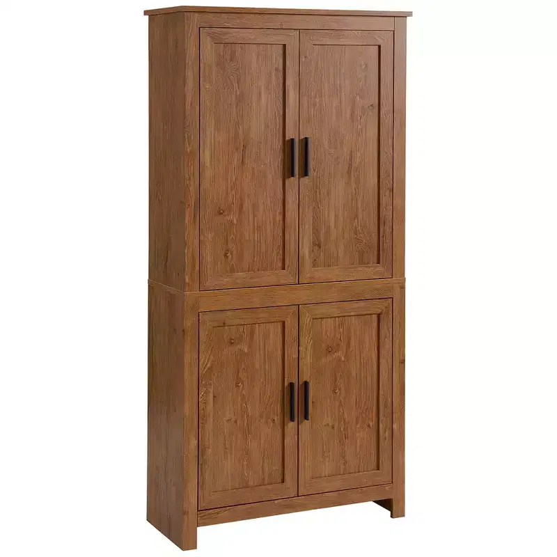HOMCOM 64 4-Door Kitchen Pantry, Freestanding Storage Cabinet with 3 Adjustable Shelves for Kitchen, Dining or Living Room, Oak