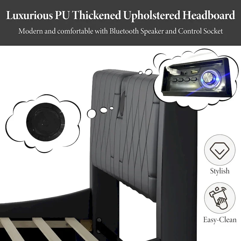 King LED Bed Frame with Bluetooth Speakers & Leather Upholstery