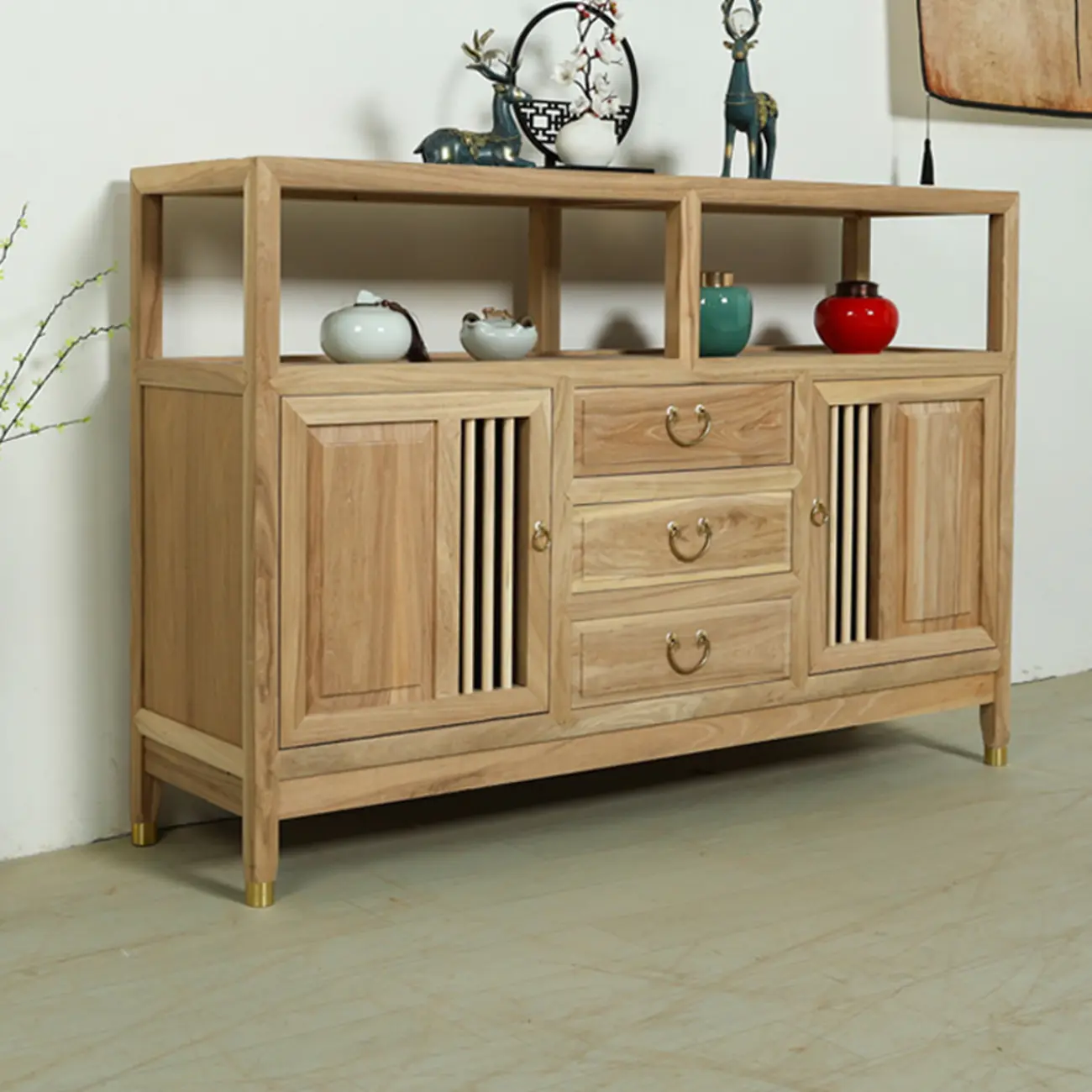 Natural Finish Wood 2-Shelf Sideboard with Drawers