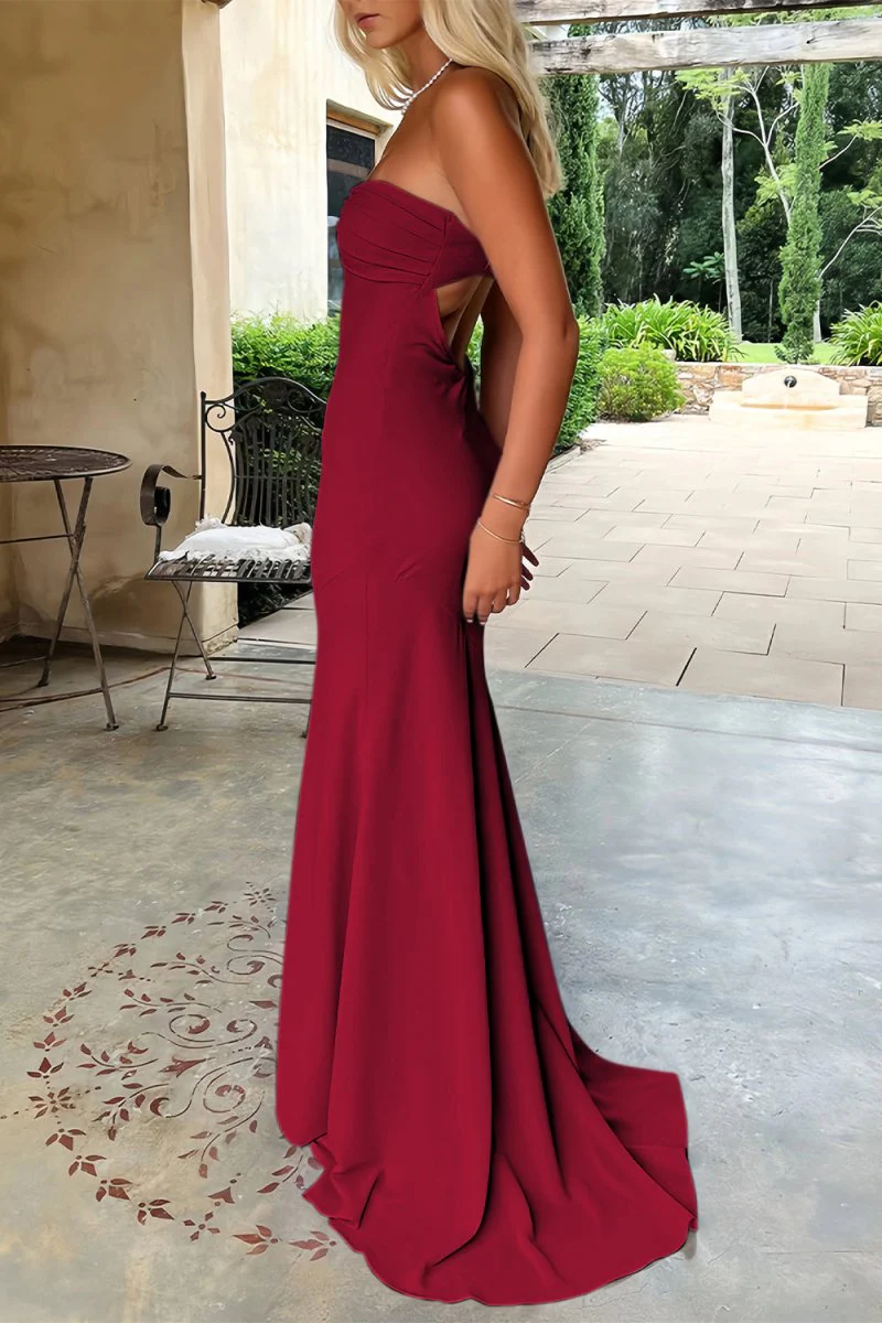 Sky Blue Mermaid Strapless Spandex Long Prom Dresses with Pleates