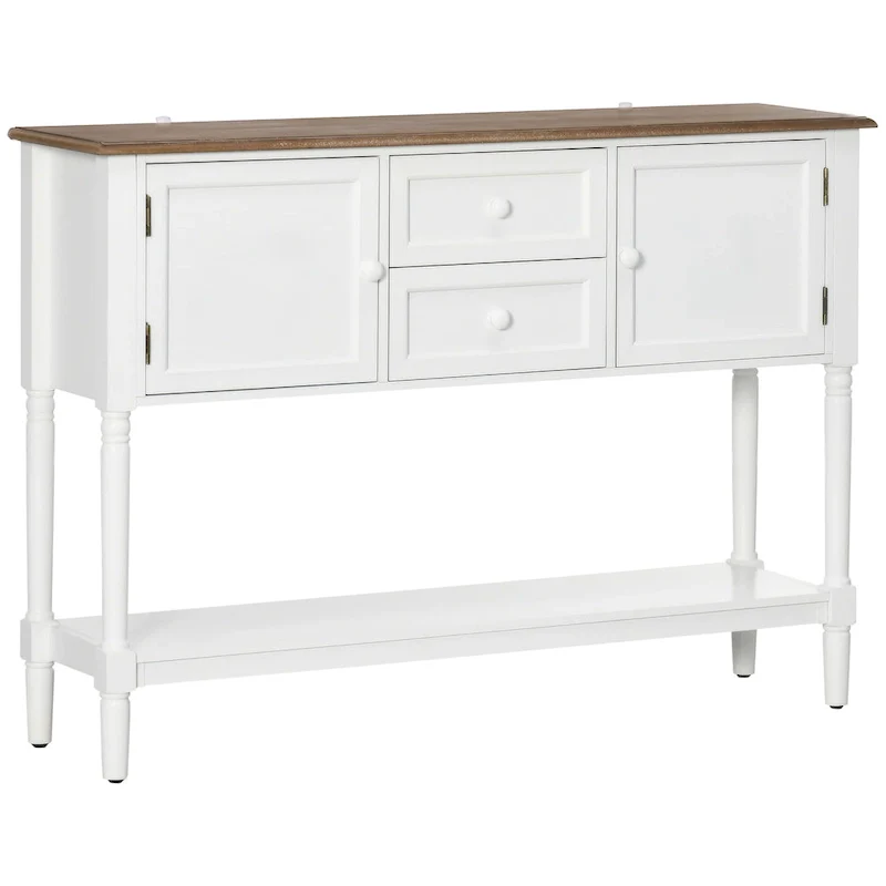 Console Table with Drawers, Vintage Entryway Table with 2 Drawers, Cabinets and Bottom Shelf, White