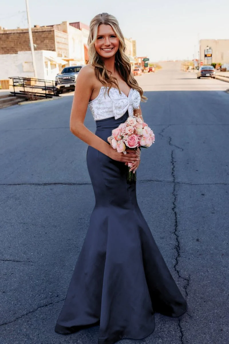 Pink Mermaid Satin Strapless Long Prom Dresses with Beaded Bow