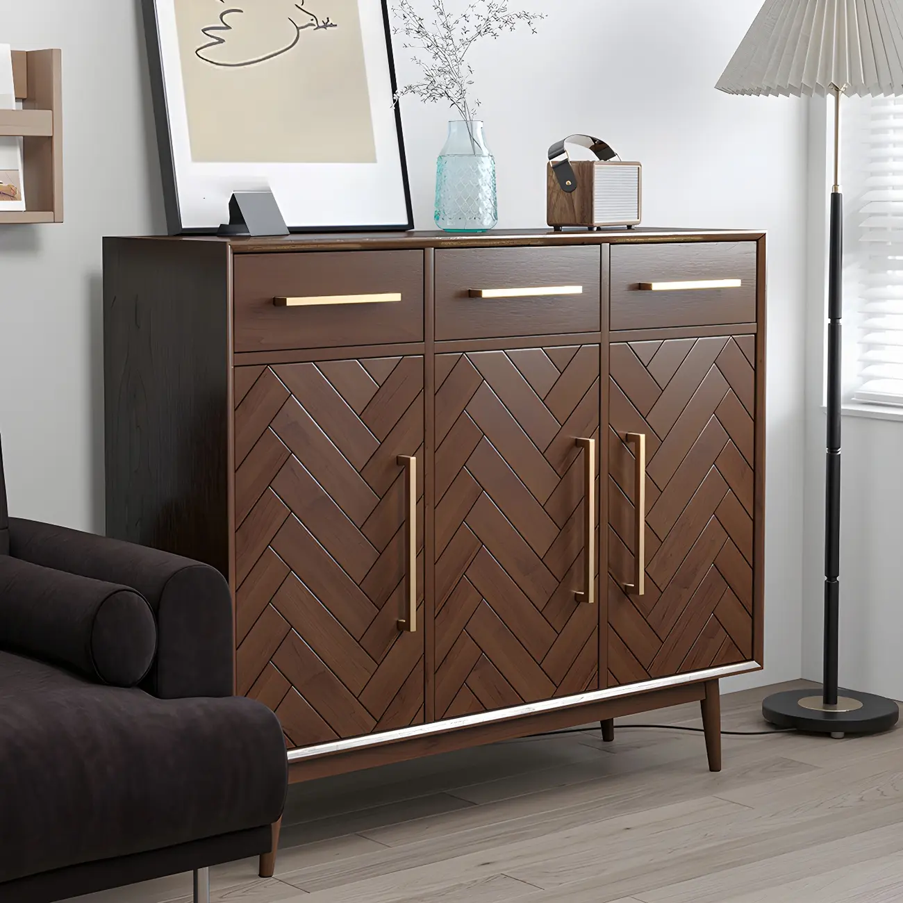 Modern Brown Solid Wood Sideboard with Drawers