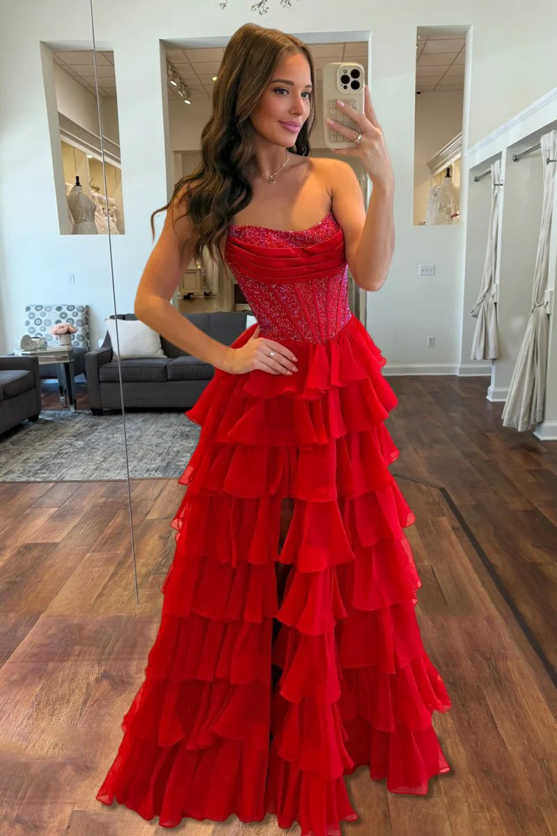 Red - A Line Strapless Chiffon Beaded Corset Long Prom Dress With Slit