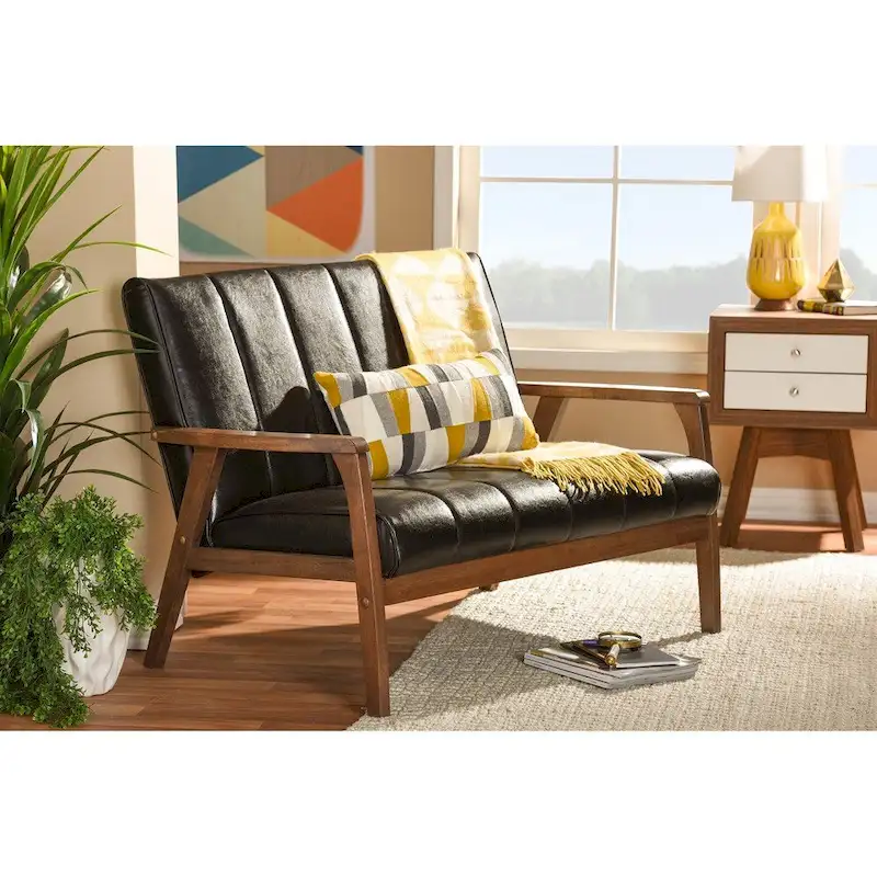 Baxton Studio Nikko Mid-century Modern Scandinavian Style Dark Brown Faux Leather Wooden 2-Seater Loveseat