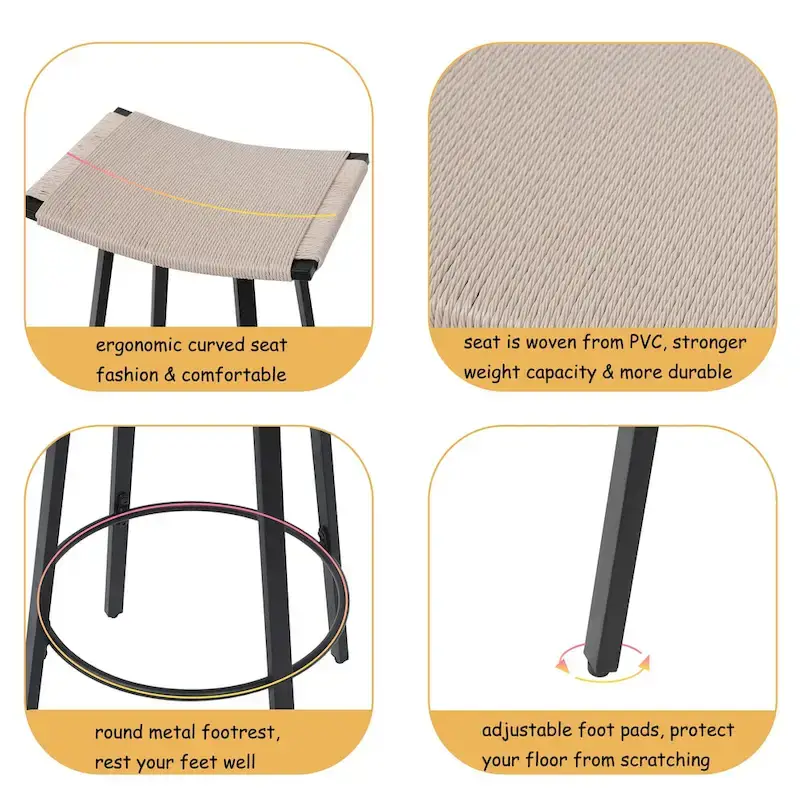 Counter Height Bar Stools, Backless Handwoven Kitchen Dining Chairs with Round Footrest Set of 2 PVC Weaving Pub Stool