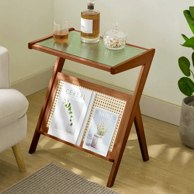 Bamboo Glass Top Side Table Accent End Table with Magazine Rack