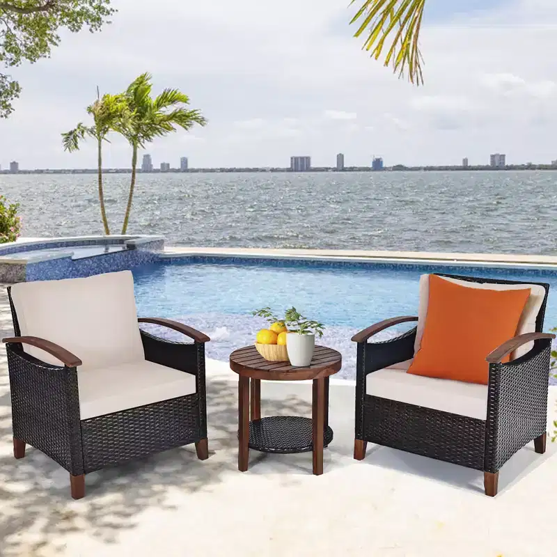 Costway 3PCS Patio Rattan Furniture Set Wooden Frame Cushion Table Shelf Red\Beige\Blue