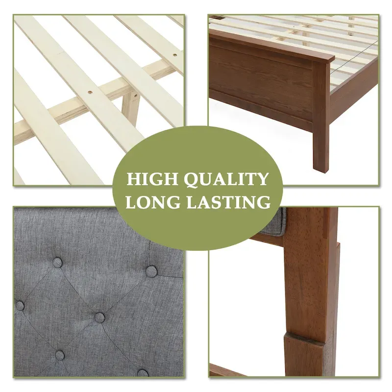 Gray Upholstered Queen Bed Headboard and Wood Footboard Set